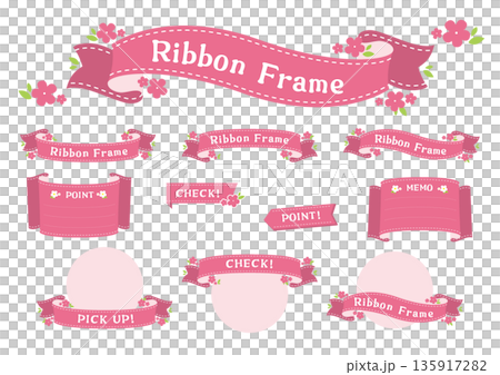 花とリボンの可愛いフレーム枠セット ピンク ベクター 135917282