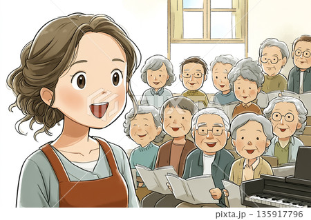 デイケアセンターで歌を楽しむ高齢者たち|合唱レクリエーションを描いたやさしい介護イラスト デイケアセンターで歌を楽しむ高齢者たち|合唱レクリエーションを描いたやさしい介護イラスト 135917796