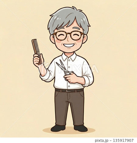 シニア美容師のちびキャライラスト 135917907