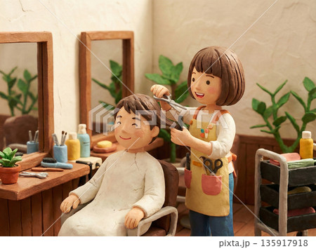 美容院で髪を切るお母さん　クレイモデル 135917918