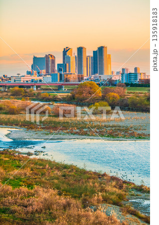 日本の川崎都市景観元日。冬景色の多摩川や武蔵小杉駅前のタワーマンション群などを望む。黄金に輝く時代へ 135918183