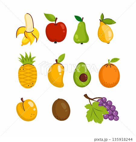 collection of colorful fruits in cartoon style. Banana, apple, grapes and other fruits for postcard decoration. collection of colorful fruits in cartoon style. Banana, apple, grapes and other fruits for postcard decoration. 135918244