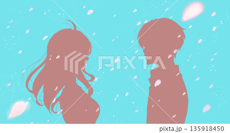 桜吹雪の中向かい合う男女　影絵 135918450