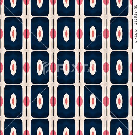 Abstract mid-century geometrical background, retro style seamless pattern in blue and red tones Abstract mid-century geometrical background, retro style seamless pattern in blue and red tones 135918489