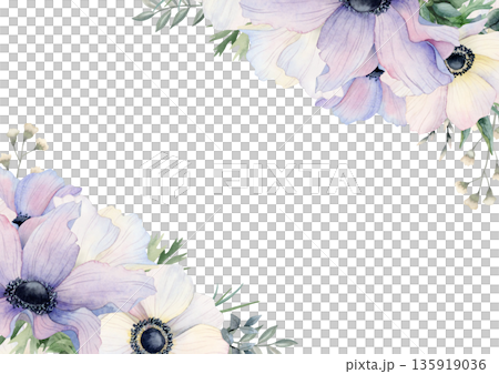 Floral wedding invitation template with white and pastel purple poppies. Anemone wildflowers horizontal banner with copy space. Romantic spring holidays design Floral wedding invitation template with white and pastel purple poppies. Anemone wildflowers horizontal banner with copy space. Romantic spring holidays design 135919036