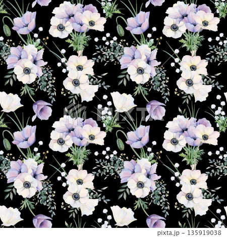 Spring blooming valley with white and pastel purple wildflowers watercolor seamless pattern on black. Filed flowers bouquets repeat background with anemones poppies and grass Spring blooming valley with white and pastel purple wildflowers watercolor seamless pattern on black. Filed flowers bouquets repeat background with anemones poppies and grass 135919038