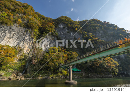 日本 岡山県新見市にある井倉峡沿いを流れる高梁川と紅葉と井倉の滝 日本 岡山県新見市にある井倉峡沿いを流れる高梁川と紅葉と井倉の滝 135919144