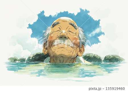 温泉でくつろぐ高齢男性｜癒やしと静けさを描いたシニアイラスト 135919460