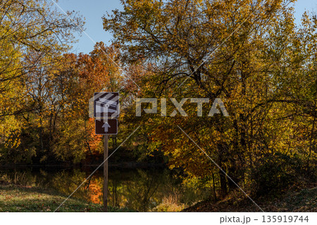 A sign with an arrow pointing to the right is in front of a forest A sign with an arrow pointing to the right is in front of a forest 135919744