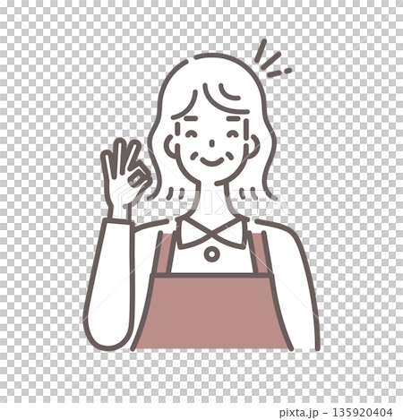 OKサインを出して微笑むエプロン姿のシニア女性のイラスト 135920404