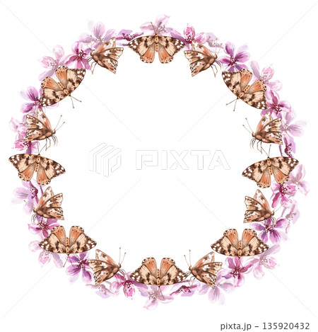 A wreath of butterflies and peach blossoms. Isolated watercolor illustration in a realistic style for postcards, interiors, spring holidays, packaging, and poster printing. 135920432
