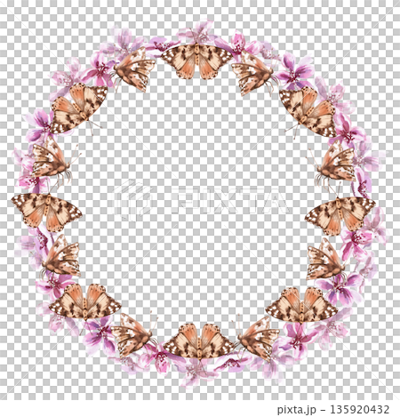 A wreath of butterflies and peach blossoms. Isolated watercolor illustration in a realistic style for postcards, interiors, spring holidays, packaging, and poster printing. 135920432