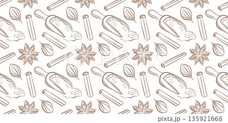 Seamless pattern with cinnamon stick, star anise, wooden scoop with ground spice and leaf on white background. Design for culinary book in line art style. Seamless pattern with cinnamon stick, star anise, wooden scoop with ground spice and leaf on white background. Design for culinary book in line art style. 135921668