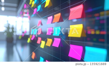 Modern colorful digital planning board with sticky notes and project management interface for teamwork and organization in a business office setting 135921889