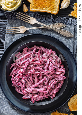 Beet salad with mayo and garlic in bowl Beet salad with mayo and garlic in bowl 135921970