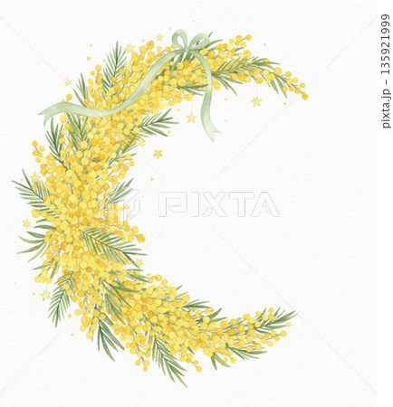 ミモザシリーズ：リボンと星を飾ったファンタジックな三日月型リース 135921999