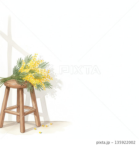 ミモザシリーズ:木製スツールに置かれた無造作なミモザの花束 ミモザシリーズ:木製スツールに置かれた無造作なミモザの花束 135922002