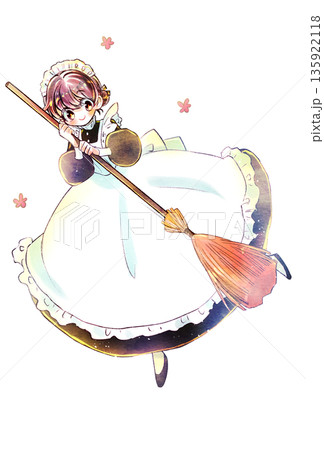 ほうきを持っているメイドさん 笑顔 ほうきを持っているメイドさん 笑顔 135922118