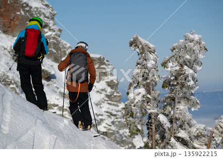 Two skiers hike on a snowy mountain ridge with alpine trees under a blue sky 135922215