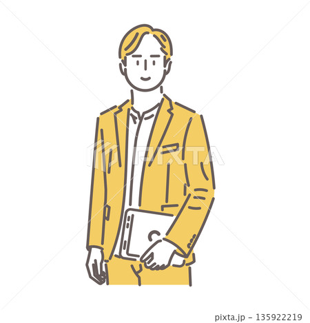 パソコンを持ち微笑むビジネスマンのイラスト 黄色のツートーン パソコンを持ち微笑むビジネスマンのイラスト 黄色のツートーン 135922219