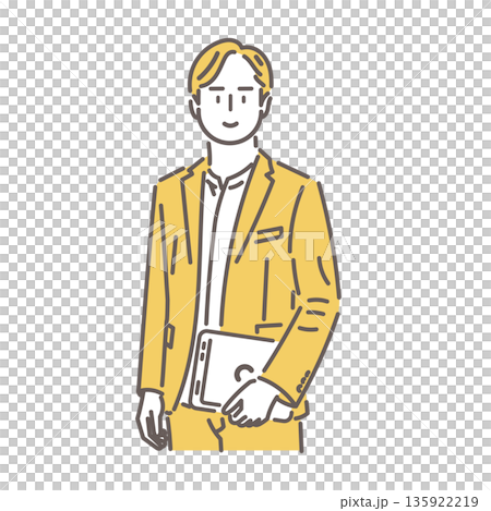 パソコンを持ち微笑むビジネスマンのイラスト 黄色のツートーン パソコンを持ち微笑むビジネスマンのイラスト 黄色のツートーン 135922219