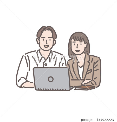 ノートパソコンで作業を共有するビジネスパーソン男女のイラスト 135922223