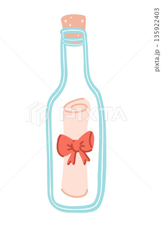 Cute cartoon message bottle with letter and bow isolated on background. Cute cartoon message bottle with letter and bow isolated on background. 135922403