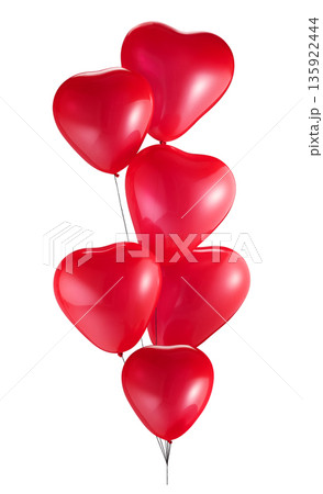 Arranged helium red heart shape balloons bunch isolated on white Arranged helium red heart shape balloons bunch isolated on white 135922444