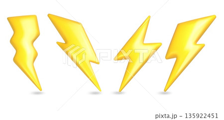 3d lightning icon. Bolt electric plastic yellow arrow, cartoon energy fast sign. Flash light power symbol realistic render, speed strike and thunder thunderbolt. Battery charger vector isolated set 135922451