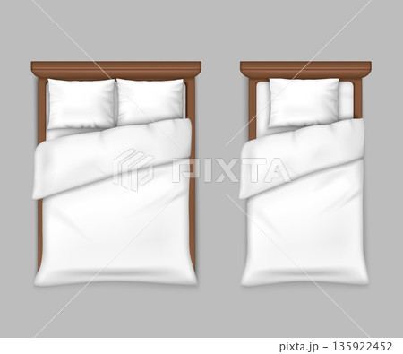 3d bed top view realistic furniture with white cover, home interior above. Bedroom bedclothes, blanket and pillow for texture design. Duvet with twin and single bed. Vector isolated mockup 135922452