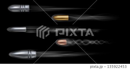 Realistic 3d bullet flying with gun shot and pistol fire effect. Ammo, military ammunition with motion smoke and trace. Blast explosion with flame flash. Vector isolated set 135922453