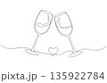 Two Clinking Wine Glasses with Heart One Line Art Valentines Day Romantic Celebration Toast Vector Illustration 135922784