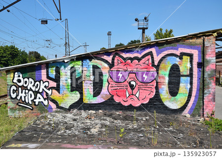 The old wall decorated with paint stains in the style of street art culture. Colorful background of full graffiti painting artwork with bright aerosol outlines on wall. Colored background texture 135923057