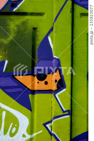 Colorful background of graffiti painting artwork with bright aerosol outlines on wall. Old school street art piece made with aerosol spray paint cans. Contemporary youth culture backdrop Colorful background of graffiti painting artwork with bright aerosol outlines on wall. Old school street art piece made with aerosol spray paint cans. Contemporary youth culture backdrop 135923077