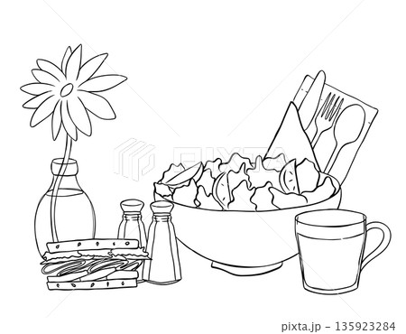 flower, sandwich, salt shaker, salad, coffee Cafe composition hand drawn illustration. Vector graphic line ink Black white art. For poster, invitation, backdrop, ad, sale promotion, print for t-shirt 135923284