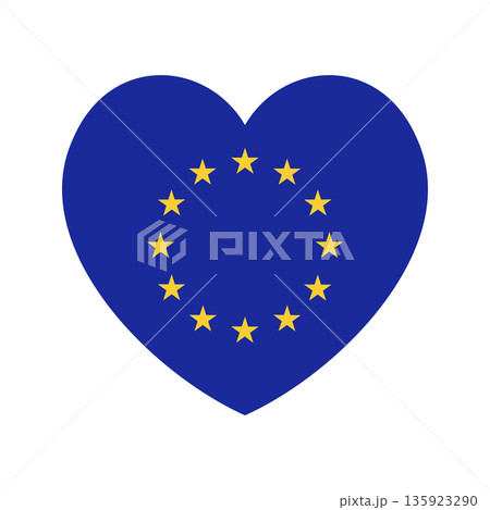European Union flag in heart shape. EU flag, yellow stars on blue heart. European Union flag push button, badge. European Union flag in heart shape. EU flag, yellow stars on blue heart. European Union flag push button, badge. 135923290