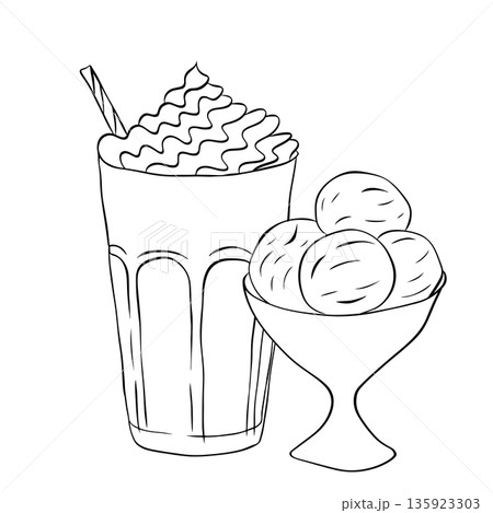 Milkshake Frappe Creamy Beverage Drink Icon ice cream Cafe composition hand drawn illustration. Vector graphic line ink Black white art. For logo, web, package, sticker. Milkshake Frappe Creamy Beverage Drink Icon ice cream Cafe composition hand drawn illustration. Vector graphic line ink Black white art. For logo, web, package, sticker. 135923303