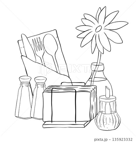 Tableware icons Cafe composition hand drawn illustration. Vector graphic line ink Black white art. salt, pepper, sugar, flower, napkin, fork, knife, spoon. Ideal for Professional and Creative 135923332