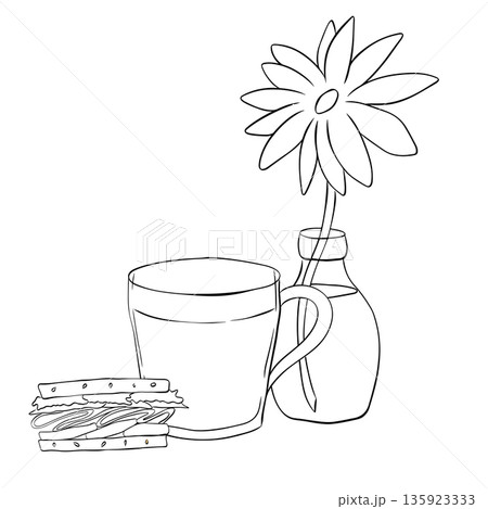 Coffee mug, flower and sandwich Cafe composition hand drawn illustration. Vector graphic line ink Black white art. Rustic breakfast, isolated on a white background. 135923333