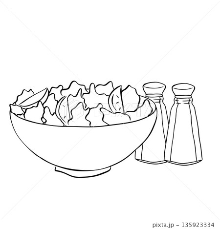 Greek salad in a bowl. salt and pepper shaker. Cafe composition hand drawn illustration. Vector graphic line ink Black white art. Organic healthy food. design for fashion graphics, textile prints 135923334