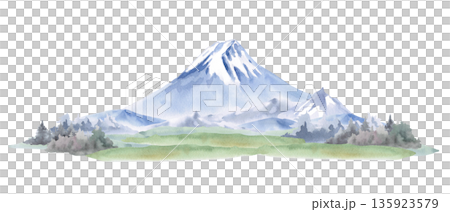 A landscape with a view of Mount Fuji. Isolated watercolor illustration in a realistic style for postcards, interiors, spring holidays, packaging, and poster printing. A landscape with a view of Mount Fuji. Isolated watercolor illustration in a realistic style for postcards, interiors, spring holidays, packaging, and poster printing. 135923579