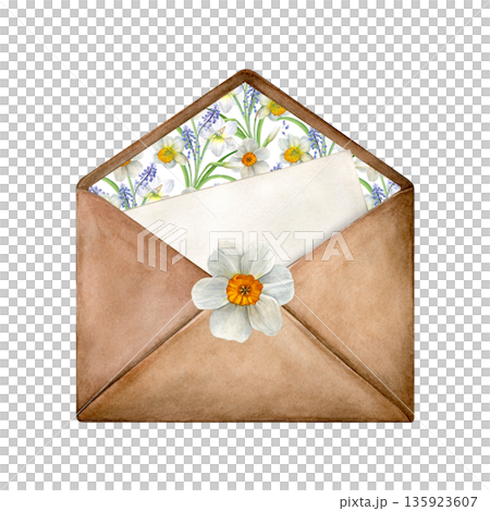 Open craft envelope with a letter, floral lining and a narcissus seal. Hand-painted watercolor illustration isolated on a white. Good for invitations, greeting cards, stationery, and spring designs Open craft envelope with a letter, floral lining and a narcissus seal. Hand-painted watercolor illustration isolated on a white. Good for invitations, greeting cards, stationery, and spring designs 135923607
