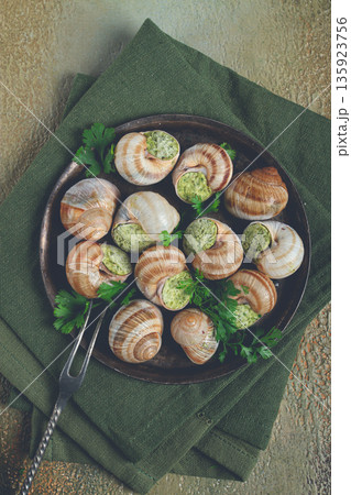 grape snails stuffed in Burgundy, with butter and herbs, French cuisine, no people, 135923756