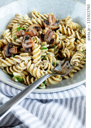 fusilli pasta, in creamy mushroom sauce, pasta with mushrooms, homemade, no people, fusilli pasta, in creamy mushroom sauce, pasta with mushrooms, homemade, no people, 135923760