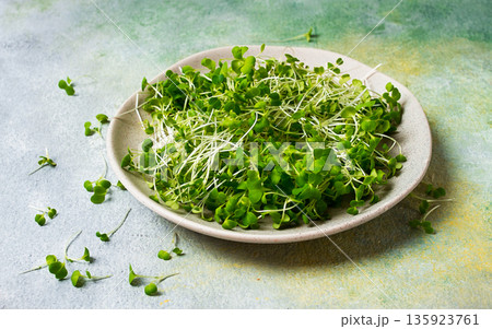 fresh micro-greenery, on a plate, top view, no people, 135923761