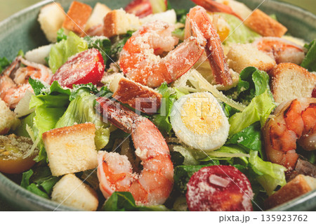 caesar salad, with tiger prawns, shrimp salad, lettuce, quail eggs, cherry tomatoes, parmesan cheese, no people, 135923762