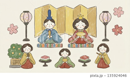 クレヨンタッチで描かれた優しい雰囲気の雛人形と三人官女のひな祭りイラスト クレヨンタッチで描かれた優しい雰囲気の雛人形と三人官女のひな祭りイラスト 135924046