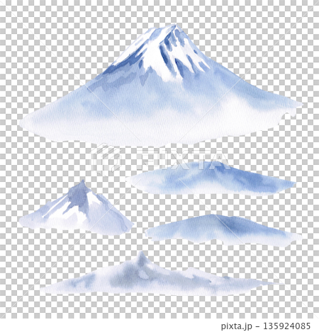 A set of Mount Fuji, mountain ranges, and hills. Isolated watercolor illustration in a la prima style for postcards, interiors, spring holidays, packaging, and poster printing. A set of Mount Fuji, mountain ranges, and hills. Isolated watercolor illustration in a la prima style for postcards, interiors, spring holidays, packaging, and poster printing. 135924085