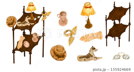 Desk lamp, shelving unit, dog, shoes neckerchief, lace glove in retro vintage style. Hand drawn with colored pencils set. For fashion magazines and designs, clothes shops, charity markets, clip art. 135924669
