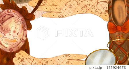 Women's shoes, brooch and gloves, handbag eyeglasses in retro vintage style. Hand drawn with colored pencils rectangle frame For fashion magazines and designs, clothes shops, charity markets clip art. Women's shoes, brooch and gloves, handbag eyeglasses in retro vintage style. Hand drawn with colored pencils rectangle frame For fashion magazines and designs, clothes shops, charity markets clip art. 135924678